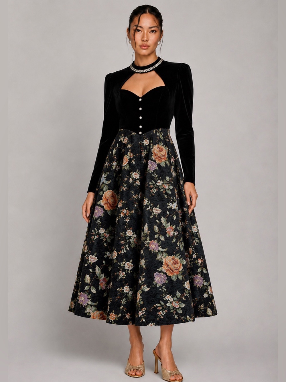 NWT Tapestry Floral Velvet Romantic Pearl Jeweled Neck Midi Dress Medium